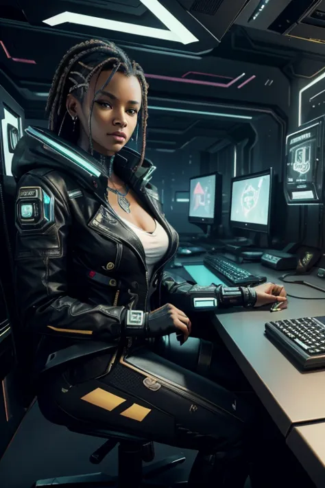 South African woman, Caucasian South African Woman, cyberpunk, secretary, cyberpunk background, sitting at cyberpunk desk