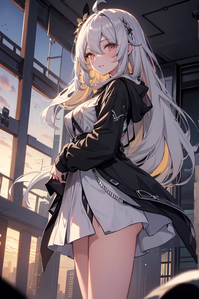 1girl, {Solitary}, Upper Body ,{{ {Watching at viewer}}}, Arms at your sides, Concept Art, white Background, simple Background, White hair, Silver gradient hair , Composite cloth, Asymmetrical clothes, Virtual YouTuber, best quality, masterpiece, Dynamic Angle, , cowboy_shooting, Watching_Back, grab, girl,Miss,woman, young,20 years old, Very long hair, Hair Flip, Silver Hair, Flowing hair, Ahog, giggle, Beautiful and delicate golden eyes, teeth, Large Breasts, Blonde eyes, White skin, hoodie, Black_shorts, Gray clothes, transparent_Background, Backlighting, absurd, high resolution, Extremely detailed,sweater,