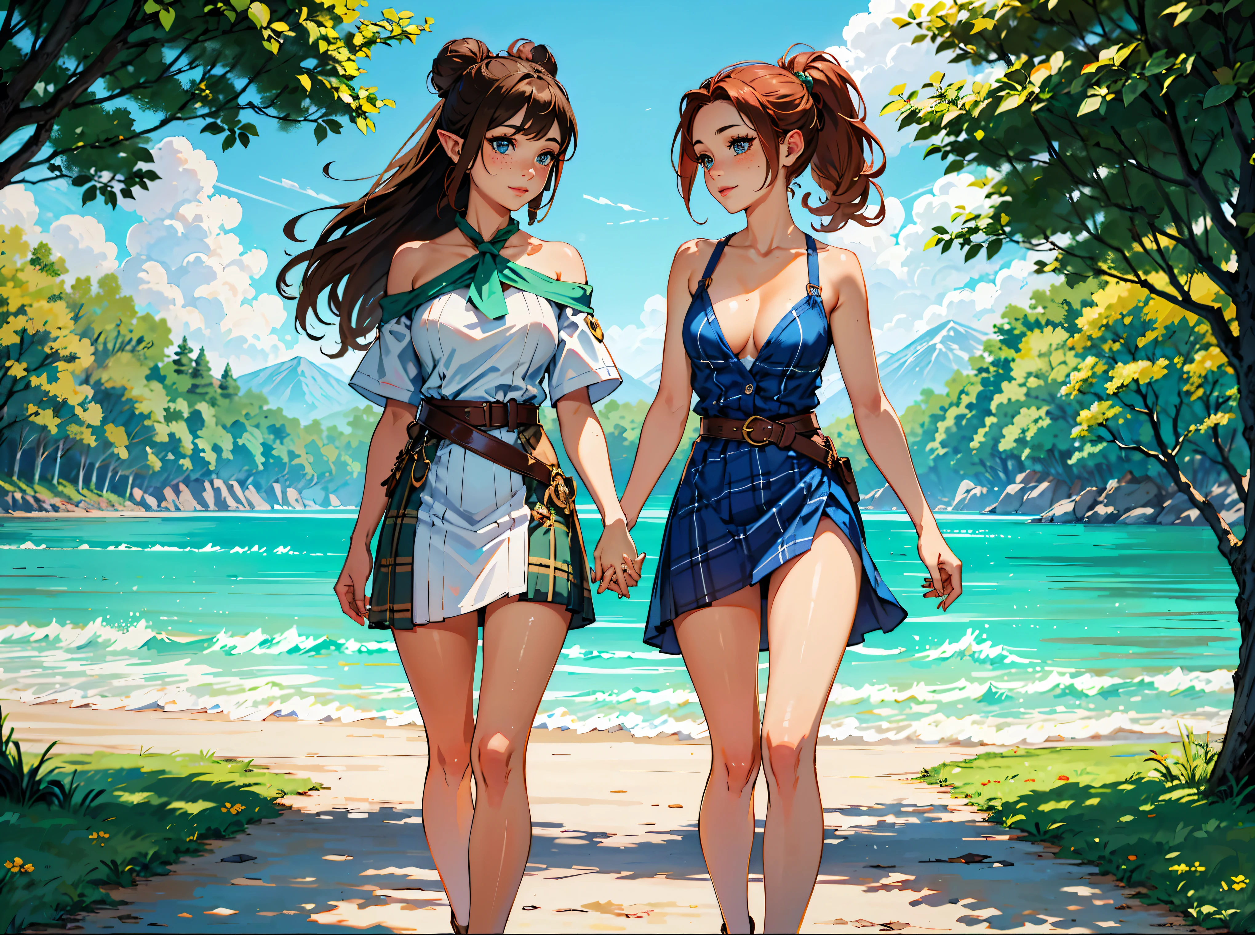 Two girls holding hands, BREAK: masterpiece, high quality, illustration, extremely detailed, cg unity 8k, NSFW, (1_women), (full body) (Caucasian skin_complexion:1.4), mature, statuesque, beautiful, exotic, ((freckles)), with long elf ears, smiling, (((looking away from viewer))), holding hands, medium breast, wearing (((long) blue plaid dress)), blue plaid sash, white tank top, cleavage, bare_shoulders, (red hair), (((long ponytail))), detailed face having ((blue eyes), dark_eyeliner, long_eyelashes), BREAK:((summer: 1.4)), (1_women), (full body) (tan exotic skin_complexion:1.4), mature, statuesque, beautiful, exotic, with long elf ears, smiling, (((looking away from viewer))), ((eyes looking away from camera)), holding hands, medium breast, thigh gap, white backless halter top dress, ((green sash belt)), bare_shoulders, (((long brown hair))), ((twin hair buns)), detailed face having (((hazel eyes)), dark_eyeliner, long_eyelashes), BREAK: on grassy hill, facing sunset,