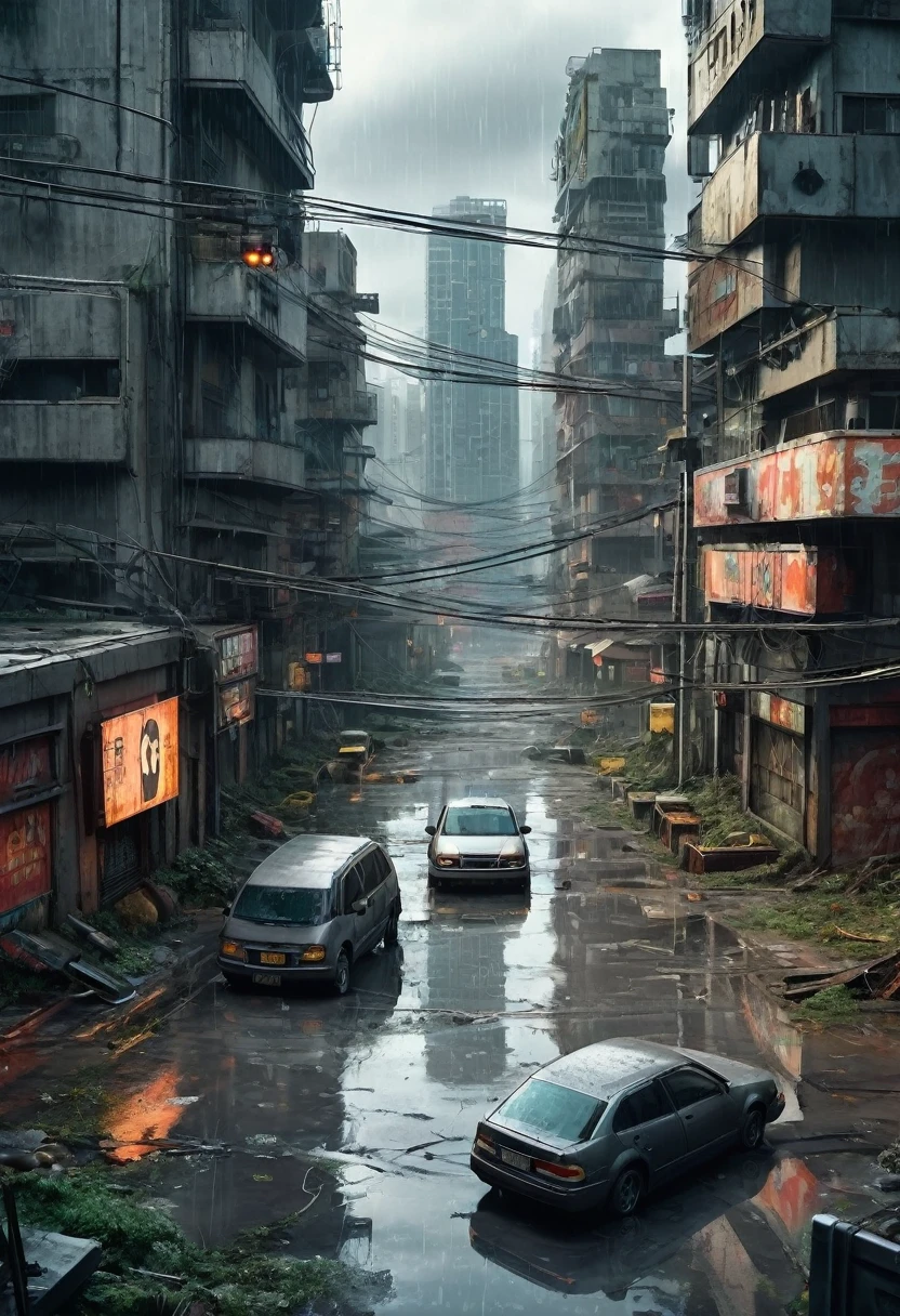 Bild des Zentrums einer modernen, ultrafuturistischen, verlassenen Stadt mit verlassenen, rostigen und schmutzigen Autos, die zwischen den schmutzigen, modernen, runden und kreisförmigen grauen Gebäuden in Ruinen stehen. Cyberpunk style, Regen und Wasserpfützen auf dem Boden, Science-Fiction, Draufsicht aus 30 Metern Höhe, nukleare Apokalypse, Städtische Landschaft mit Masten mit Ampeln und Drähten von umgestürzten Masten,  Um die Gebäude herum befindet sich ein rostiger Maschendrahtzaun, Es gibt Werbetafeln, die von Gebäuden gefallen sind., so realistisch wie möglich, hohe Qualität, 4K, hyperdetailliert