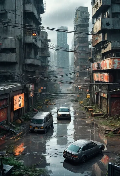 Image of the center of a modern ultra futuristic abandoned city with abandoned and rusty and dirty cars standing among the dirty...