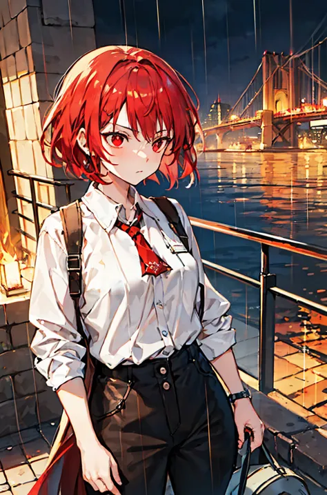 beautiful masterpiece, best quality, illustration style,little flame_arknights，
bridge_ark of tomorrow，serious， red hair，red eye...