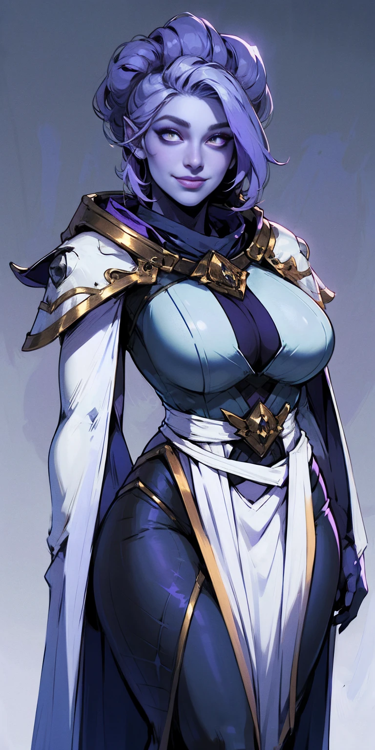 Character: Female Chest covered (presumably by clothing) Smiling Skin: Gray and purple Hair: Pale golden Eyes: Violet Attire: Prefers white and silver clothing Deep blue or purple cloak (optional) Background: Plain Image details: High resolution, Very detailed (including the clothing) Full-figured Voluptuous