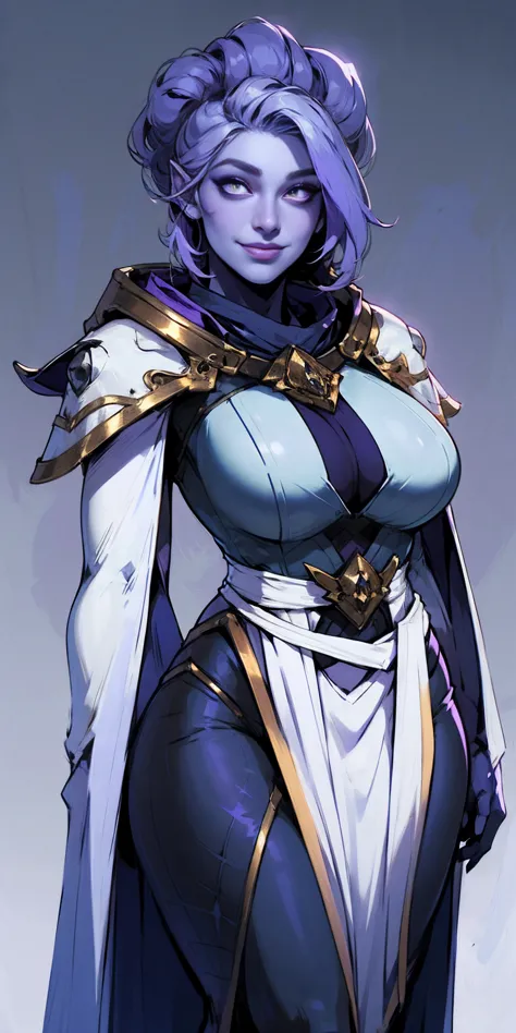 Character: Female Chest covered (presumably by clothing) Smiling Skin: Gray and purple Hair: Pale golden Eyes: Violet Attire: Pr...