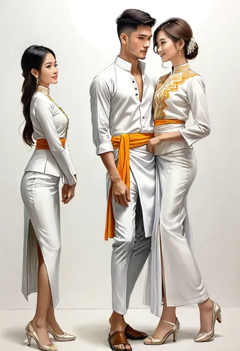 candid fashion illustration of two young man and women, 20 year old, adorned in a meticulously crafted North Thai traditional ou...