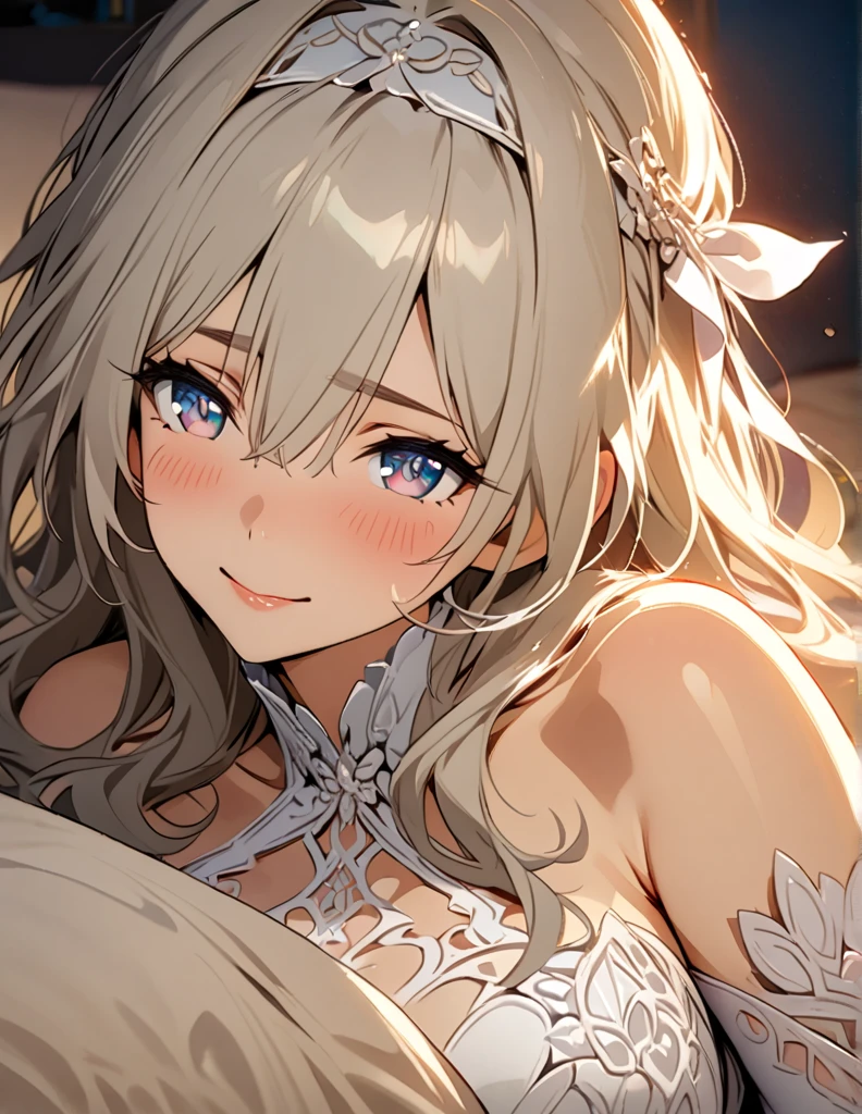 beautiful girl, long grey hair, beautiful face,smiling,close up to hips, beautiful breast, laying on stomach on bed,,illustration,detailed textures(realists),ultra-detailed,portrait style,vivid colors,soft lighting, blushing, mature, hair fluttering, evening light , head band, ((half body)), wearing intricate wedding dress, perky. ((side profile until hips)), very shy