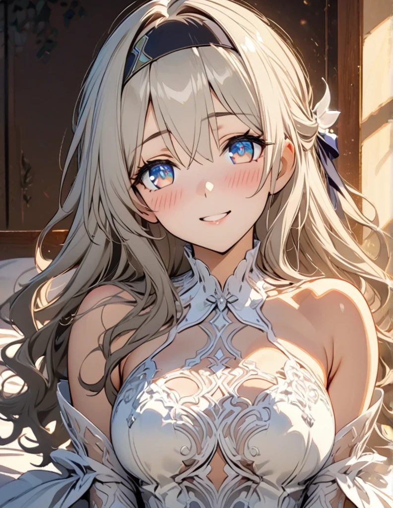 beautiful girl, long grey hair, beautiful face,smiling,close up to hips, beautiful breast, laying on stomach on bed,,illustration,detailed textures(realists),ultra-detailed,portrait style,vivid colors,soft lighting, blushing, mature, hair fluttering, evening light , head band, ((half body)), wearing intricate wedding dress, perky. ((side profile until hips)), very shy