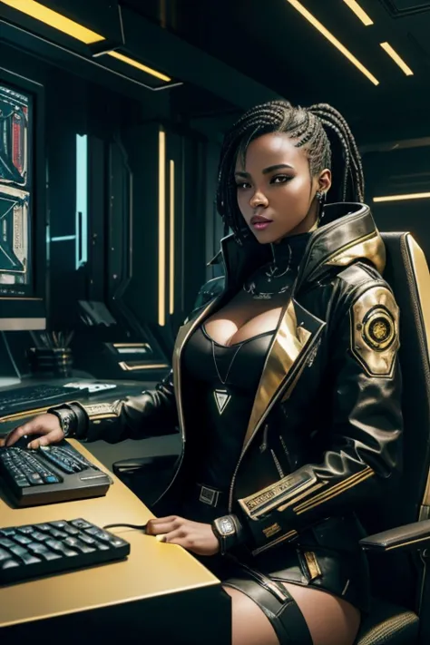 South African woman, Caucasian South African Woman, white skin, cyberpunk, secretary, cyberpunk background, sitting at cyberpunk...