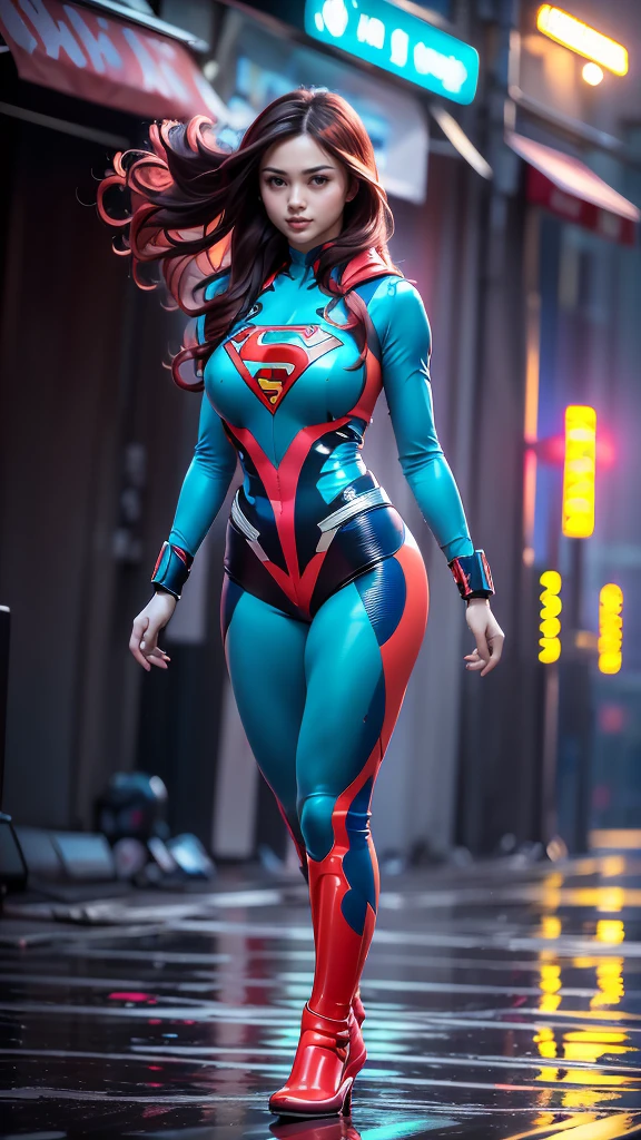 (masterpiece), (best quality), (ultra detailed), (epic lights reflections), glowing, luminous neon lights, 1girl, red eyes, red hair, full makeups, red lips, fit body hair blown by strong winds, she is a Beautiful Supergirl, very tight body shape suit, blue red Supergirl bodysuit, ultra bodysuit details, red cape blown by winds, ((full body)), symmetrical pose, model posing in the middle, metropolis city,