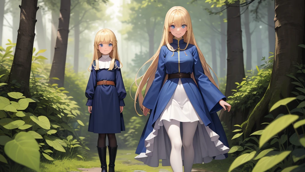 Perfect Biology、masterpiece, taller than,Very detailed, Absurd, witch, 8-year-old, girl,  alone, Blonde, Long Hair,  blue eyes, Blue Boots, Long sleeve,Have,in the forest, smile,White Pantyhose