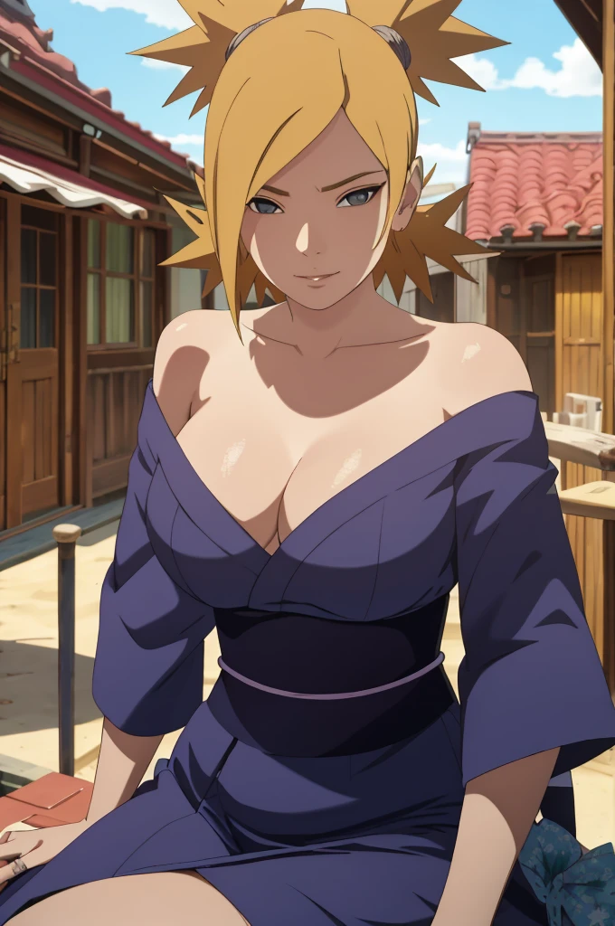 Masterpiece, absurderes , (Intricate details), (Colorful),cleavage，Off-the-shoulder attire，Cinematic lighting,Bust Up Shot,Extremely detailed Cg Unity 8K wallpaper,Temari\(Boruto\), 1girll, Mature female,blue kimono,  Sitting, Outdoors,Wind,  view the viewer,ssmile,big breast,breast visible,sexy,