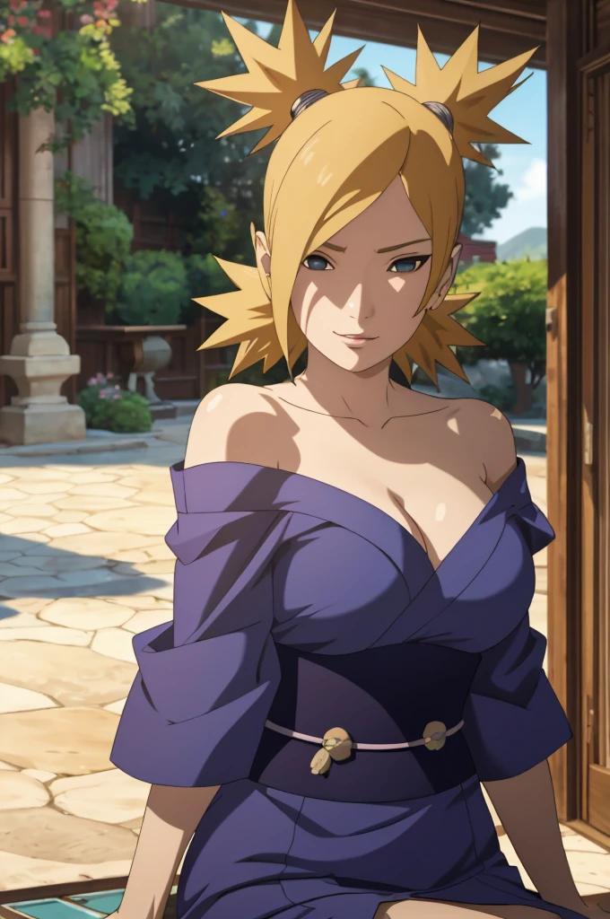 Masterpiece, absurderes , (Intricate details), (Colorful),cleavage，Off-the-shoulder attire，Cinematic lighting,Bust Up Shot,Extremely detailed Cg Unity 8K wallpaper,Temari\(Boruto\), 1girll, Mature female,blue kimono,  Sitting, Outdoors,Wind,  view the viewer,ssmile,big breast,breast visible,sexy,