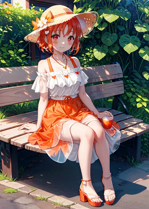 chika　takami,orange hair,red eyes,smile,blush,big straw hat,orange off-shoulder dress,bare shoulders,bare clavicle,bare neck,sho...