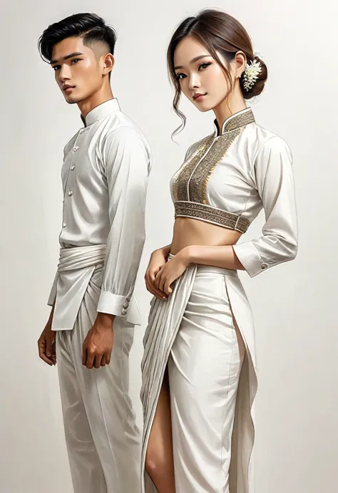 candid fashion illustration of two young man and women, 20 year old, adorned in a meticulously crafted North Thai traditional ou...