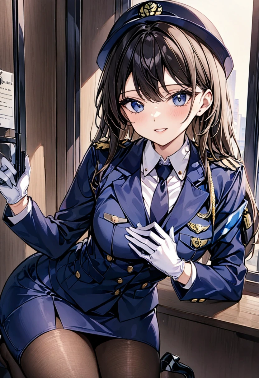 mulher１pessoas、mulher警察官、紺色のmulher警察官、mulher官の制帽、Botões uniformes、camisa de colarinho、gravata preta、saia lápis azul marinho、meia-calça preta、jaqueta uniforme、Bombas pretas、luvas brancas