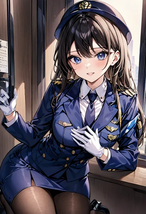 woman１people、woman警察官、紺色のwoman警察官、woman警察官の制帽、Uniform Buttons、Collared shirt、Black tie、Navy blue pencil skirt、Black Pantyhose、Un...