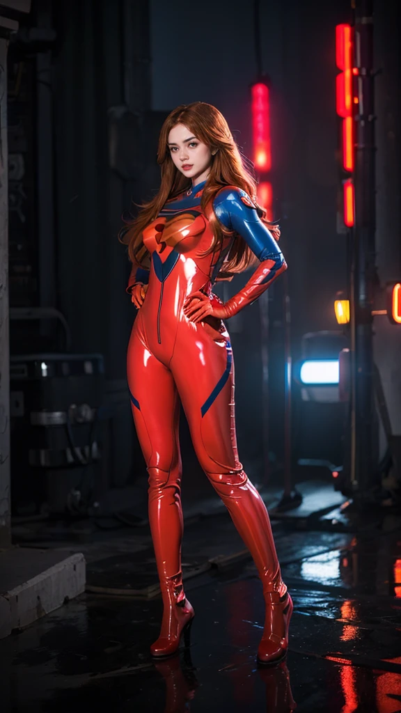 (masterpiece), (best quality), (ultra detailed), (epic lights reflections), glowing, luminous neon lights, 1girl, red eyes, red hair, full makeups, red lips, fit body hair blown by strong winds, she is a Beautiful Supergirl, very tight body shape suit, blue red Supergirl bodysuit, ultra bodysuit details, red cape blown by winds, ((full body)), symmetrical pose, model posing in the middle, metropolis city,