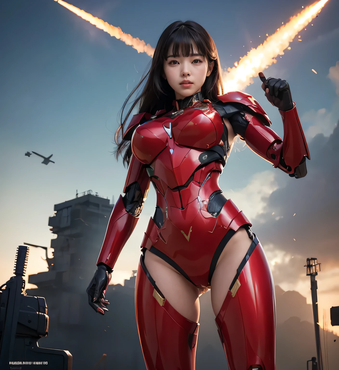 Textured skin, Super detailed, Attention to detail, high quality, 最high quality, High resolution, 1080P, , beautiful,(Super Heroine),Missile Guide,Beautiful cyborg woman,Mecha Cyborg Girl,Battle Mode,girl with red mecha body,She&#39;s a combat cyborg with weapons、Wearing combat mech,Full Body Shot