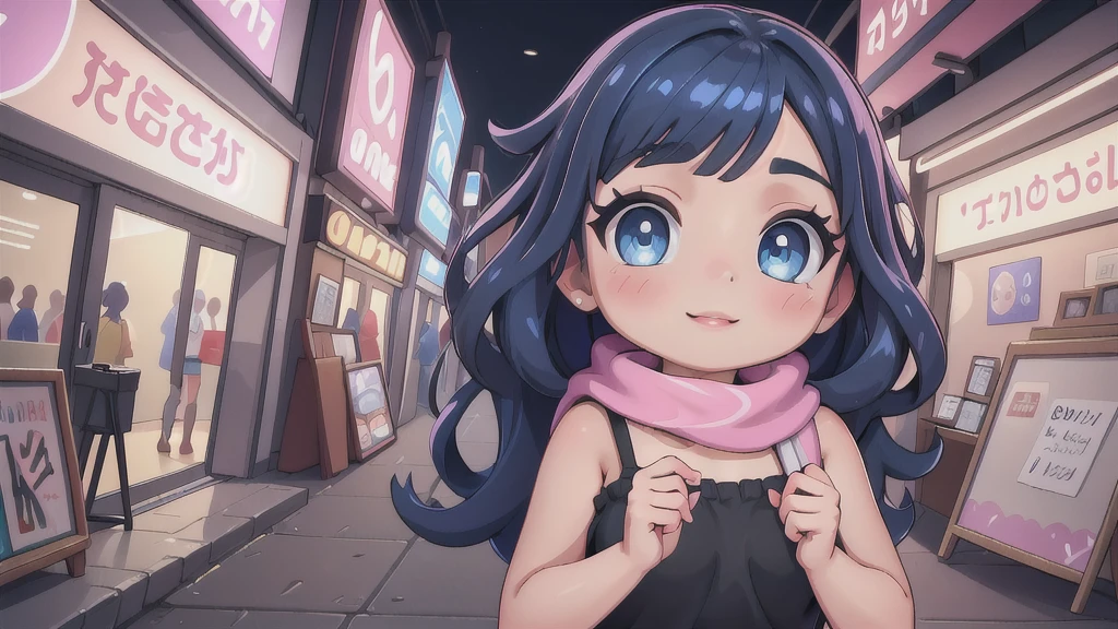 (best quality,4k,8k,highres,masterpiece:1.2),ultra-detailed,(realistic,photorealistic,photo-realistic:1.37)highres,portrait,beautiful girl,taking a selfie in a public bathroom mirror,glossy reflection,\(pokemon\), beanie, long hair, blue hair, blue eyes, detailed eyes, beautiful eyes, black sleeveless shirt, pink scarf, pink skirt, pink boots, body shape, chubby thighs, down blouse,[metallic mirror],vibrant colors,soft lighting,hint of mystery,subtle smile,stylish outfit,impressive attention to facial details,expressive eyes,luscious lips,long eyelashes,shiny hair flowing down,urban backdrop,modern ambiance