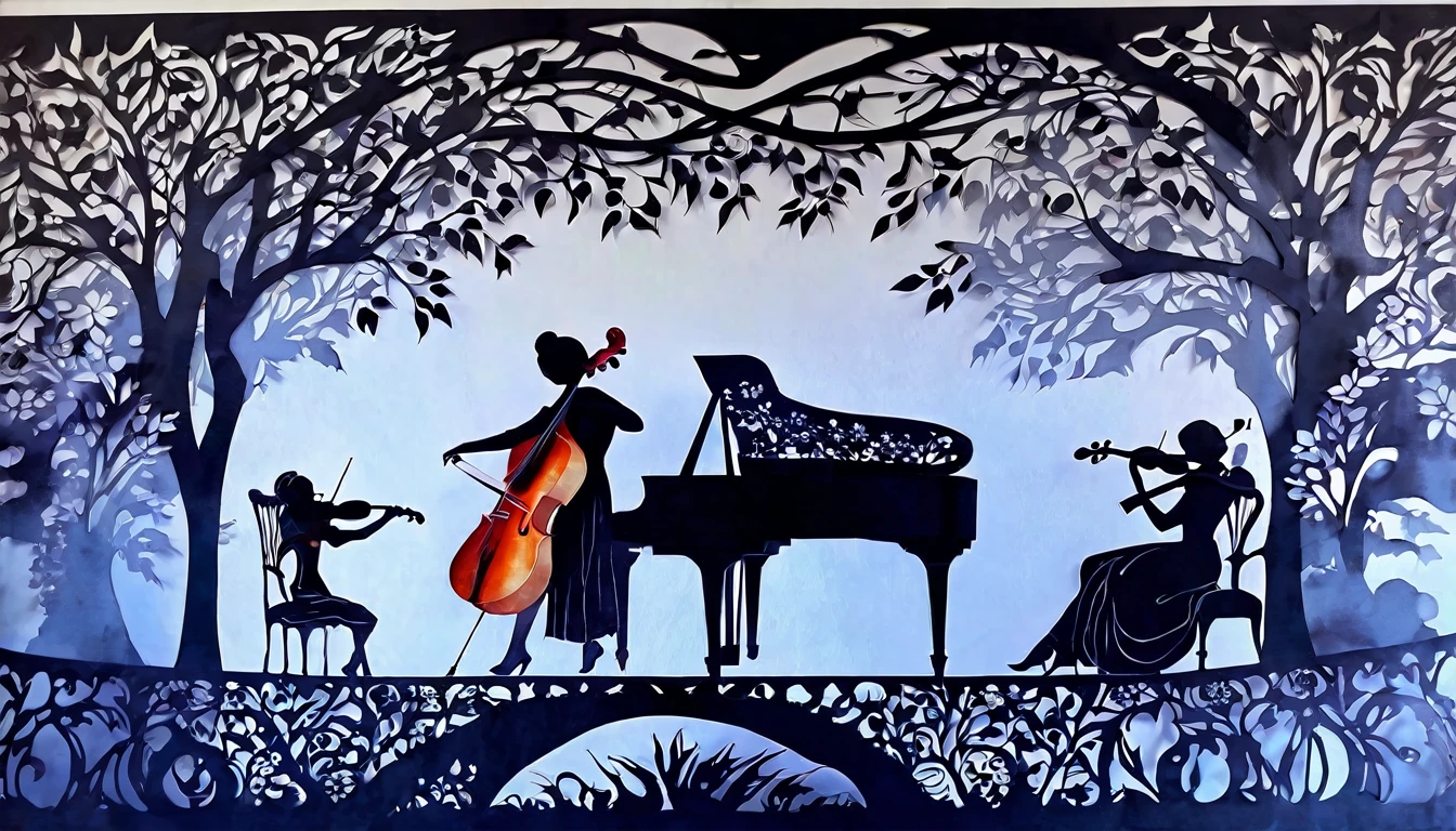 fusión de acuarelas y pinturas al óleo, Fusión de corte de papel y títeres de sombras., mejor calidad, super fine, 16k, 2.5D, representación delicada y dinámica, trío, (Piano, violín, cello), tres hermosas mujeres actuando con vestidos negros, Retrato, efectos elegantes, fondos decorados y detallados, textura de papel viejo, pintura abstracta