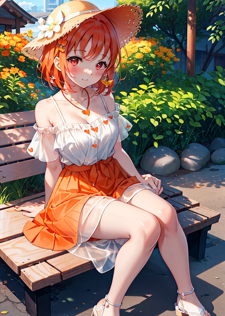 chika　takami,Orange Hair,Red eyes,smile,blush,Big straw hat,Orange off-shoulder dress,Bare shoulders,bare clavicle,Bare neck,Short sleeve,Heart-shaped necklace,Long skirt,Cute heeled sandals,Sitting on a bench,,Daytime,Clear skies,whole bodyがイラストに入るように break outdoors, Building district, break looking at viewer, whole body, break (masterpiece:1.2), Highest quality, High resolution, unity 8k wallpaper, (figure:0.8), (Beautiful attention to detail:1.6), Highly detailed face, Perfect lighting, Highly detailed CG, (Perfect hands, Perfect Anatomy),