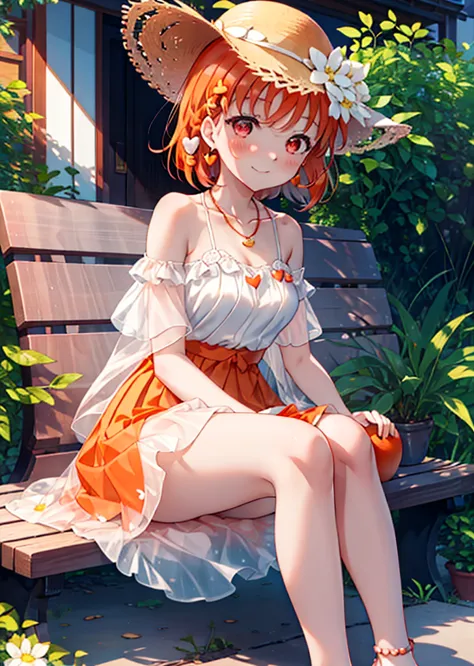 chika　takami,orange hair,red eyes,smile,blush,big straw hat,orange off-shoulder dress,bare shoulders,bare clavicle,bare neck,sho...