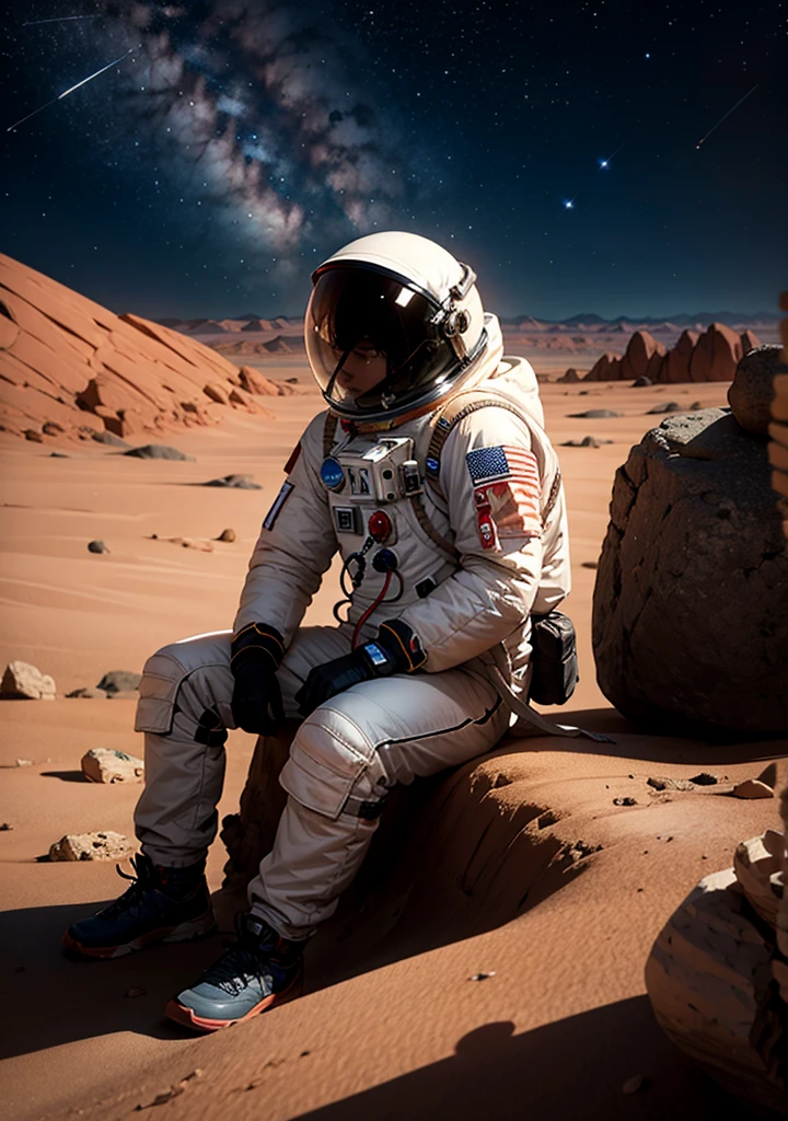 夜晚，一名太空人坐在火星表面的一塊大岩石上. 火星景觀沐浴在遙遠恆星的微弱光芒中, 這顆紅色星球是貧瘠的, 岩石地形在背景中延伸. 太空人的套裝被頭盔燈的微弱光芒照亮, 場面一片祥和, 廣闊的氛圍下沉思, 星空.