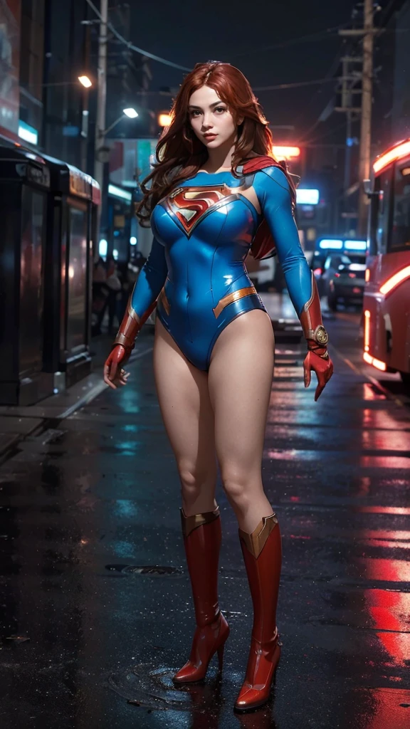 (masterpiece), (best quality), (ultra detailed), (epic lights reflections), glowing, luminous neon lights, 1girl, red eyes, red hair, full makeups, red lips, fit body hair blown by strong winds, she is a Beautiful Supergirl, very tight body shape suit, blue red Supergirl bodysuit, ultra bodysuit details, red cape blown by winds, ((full body)), symmetrical pose, model posing in the middle, metropolis city,