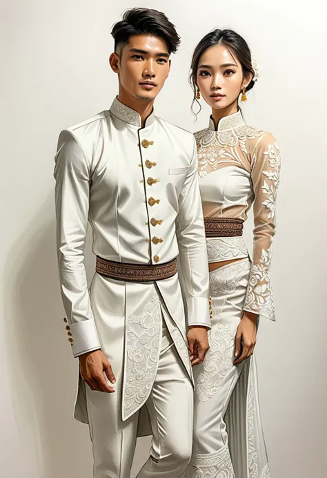 candid fashion illustration of two young man and women, 20 year old, adorned in a meticulously crafted North Thai traditional ou...