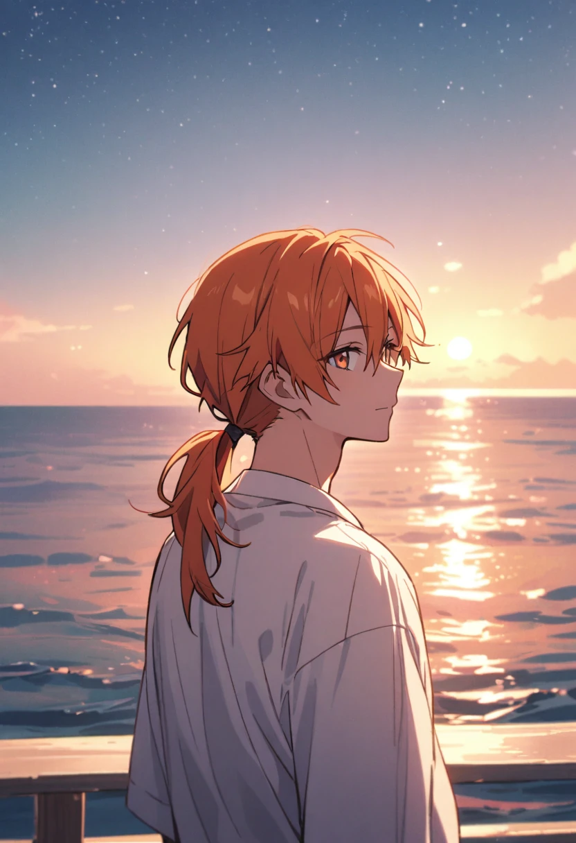 good looking, alone, 1 male, Medium Hair, Low Ponytail, Bright orange hair, Hazel Eyes, White shirt、Beautiful views、Ocean、friendly