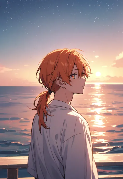 good looking, alone, 1 male, medium hair, low ponytail, bright orange hair, hazel eyes, white shirt、beautiful views、ocean、friend...