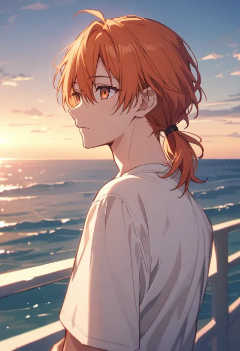 good looking, alone, 1 male, medium hair, low ponytail, bright orange hair, hazel eyes, white shirt、beautiful views、ocean、friend...