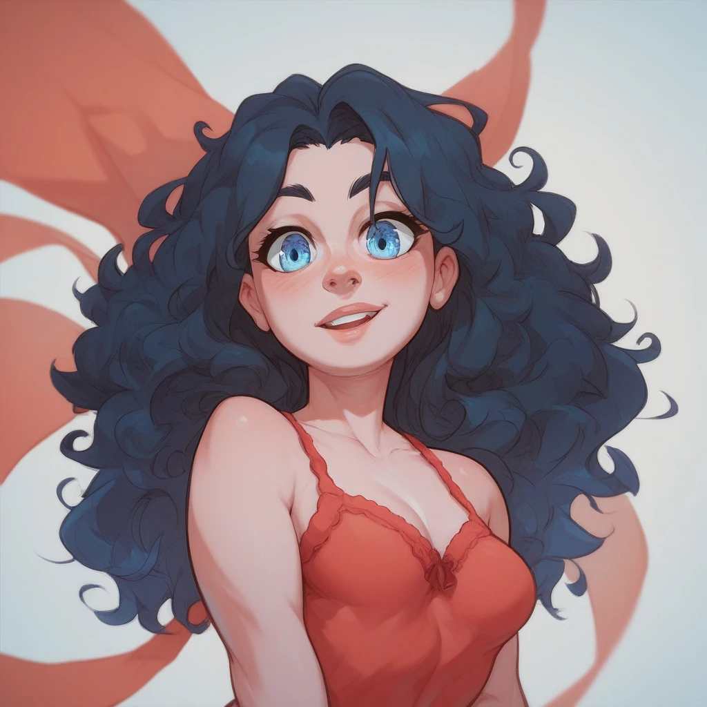 Ralph Bakshi style, curvy blue eyed girl with long wavy black hair and small breasts 