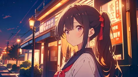 bangs, Long Hair, Hair above the eyes, Lost in Thought, Side Ponytail, Anime Style, 超High resolution, masterpiece, Textured skin...
