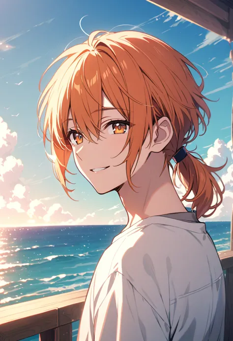 good looking, alone, 1 male, medium hair, low ponytail, bright orange hair, hazel eyes, white shirt、beautiful views、ocean、friend...