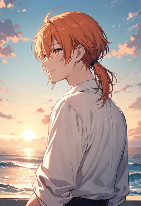 good looking, alone, 1 male, medium hair, low ponytail, bright orange hair, hazel eyes, white shirt、beautiful views、ocean、friend...