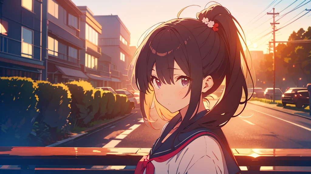 bangs, Long Hair, Hair above the eyes, Lost in Thought, Side Ponytail, Anime Style, 超High resolution, masterpiece, Textured skin, High resolution, Highest quality, High school girl standing on a street corner, in the evening, 