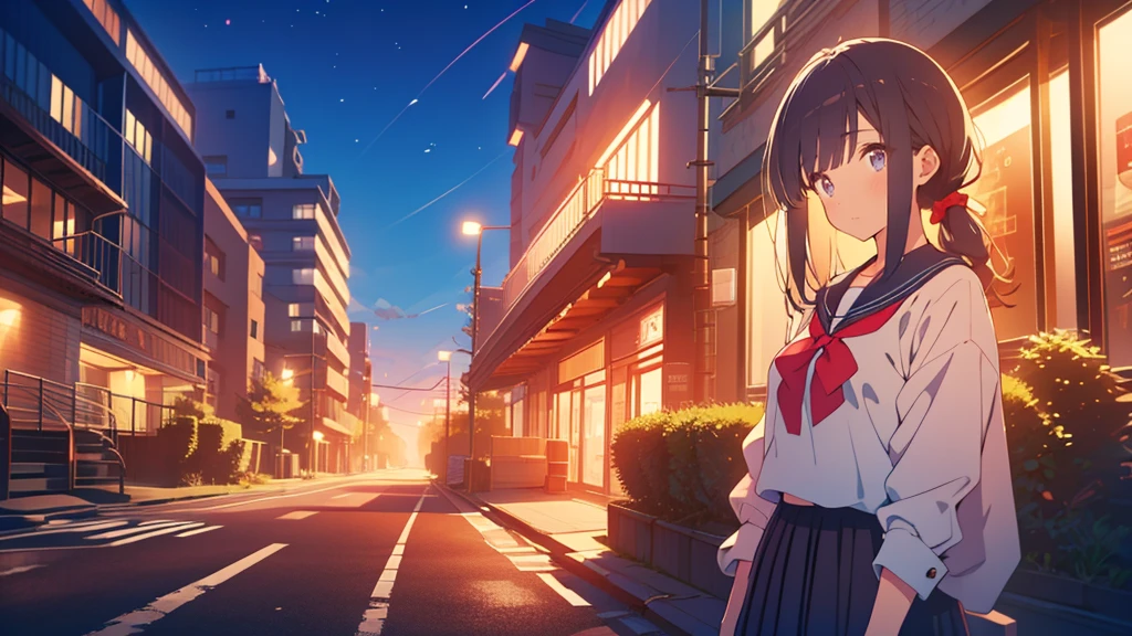 bangs, Long Hair, Hair above the eyes, Lost in Thought, Side Ponytail, Anime Style, 超High resolution, masterpiece, Textured skin, High resolution, Highest quality, High school girl standing on a street corner, in the evening, 