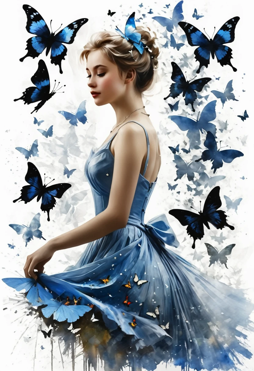 mj, RTX, 4k, HDR, Anna Razumovskaya, Casey Baugh, Antonio Mora, Aminola Rezai, Giovanni Boldini, art, realistic art.silhouette of a woman surrounded by butterflies, trending on pixabay, beautiful dress, cute artwork, cinderella, beautiful shapes, polishing, outdoors, great photo on Pinterest, stencil, scales, white background, symbols, painting in the style of Anders Zorn, Alexi Brilo, Luisa Royo, Studio Ghibli Genshin Impact