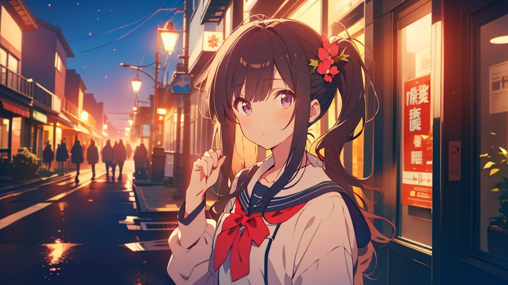 bangs, Long Hair, Hair above the eyes, Lost in Thought, Side Ponytail, Anime Style, 超High resolution, masterpiece, Textured skin, High resolution, Highest quality, High school girl standing on a street corner, in the evening, 