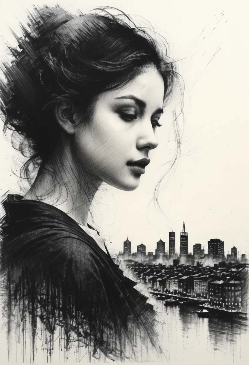 Charcoal drawing, crayons, close-up, portrait, Close-up, 8K Ultra HD. Double exposure. An image of a city skyline superimposed on a woman's silhouette can convey a person's relationship with the city. in the style of Jeremy Mann and Charles Dana Gibson, Mark Demsteder, Paul Hedley. Studio Ghibli Genshin Impact, Bastien Lecouf-Degarme, Carn Griffiths, E. Abramzon, Raphael, Caravaggio,hatching with black pencil, charcoal dra, black pencil drawing