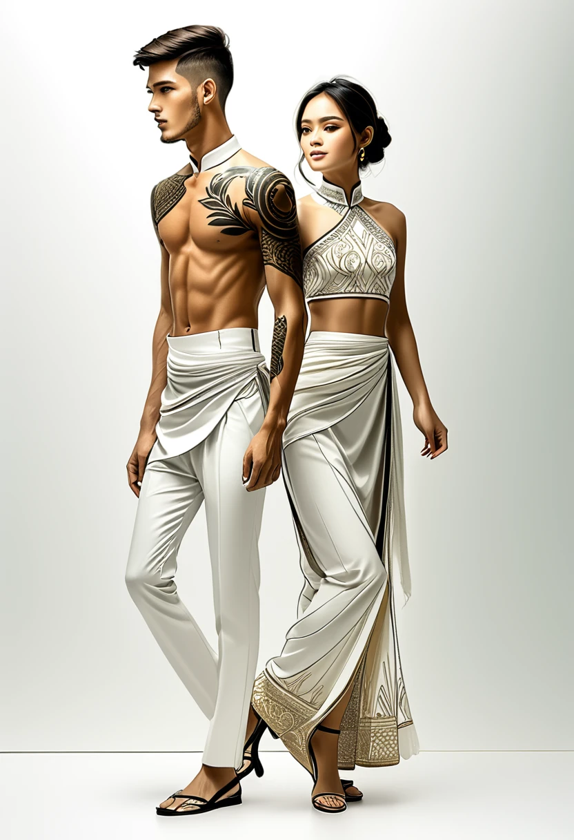 candid ファッションイラストレーション of two young man and women, 20歳, 丁寧に作られた北タイの伝統的な衣装を身にまとった, ((北タイ風のファッションを披露, 白色の手織りコットン)), シンプルでエレガント、そして贅沢なスタイル, 男性はシンプルな長袖の白いマンダリンカラーのシャツを着ている, 白のテーラーパンツと合わせて, 靴, 女性は、シンプルな模様の白いチューブスカートやサロンで彼を引き立てます。, 足首丈, スカートとマッチする、細かく装飾されたフィット感のあるブラウス. ローアングルで撮影, ((全身画像)), 白い背景に優雅に佇む. 彼らの服装はシンプルで、複雑な刺繍と白いアクセントが施されている, 豊かなランナー文化遺産を反映するために慎重に選ばれた各要素, ((白いスタジオの背景)), リアルな色鉛筆の線, 完璧な描画, 木炭線, フェージングスケッチ, 簡単なスケッチ, やわらかい光, ファッションイラストレーション, ファッションスケッチ