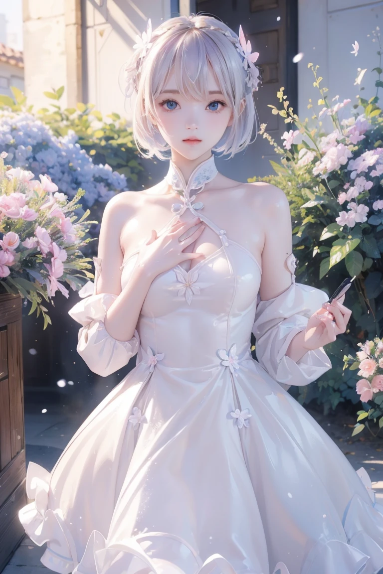 (masterpiece, Highest quality:1.2), illustrinion, Absurd, High resolution, Very detailed, 1 Girl, White Short Hair, 目のハイLight, dress, Short puff sleeves, Frills, Outdoor, flower, 舞い散るflowerびら, whole body, Depth of written boundary,chrominic aberrinion abuse,pastel colour, Depth of written boundary,garden of the sun,Shiny,flowers, garden, One girl, Butterfly style, butterfly, Super detailed, bright,Light, Particles of light,Sparkling,reflect,Place one hand on your chest,C4D,3d,bright,Outdoor,gift,candy,see here,flower ocean,winter,Crystal of snow,splashing winer,散るflowerびら,beautiful and delicine winer,((Beautiful Eyes)),very delicine light,perfect and delicine limbs,ninure,Painting,winer spray,fine luminescence,Very beautiful 8K CG wallpaper,Lavender eyes,Pink Eyes,whole body裸,bright eyes,(an extremely delicine and beautiful girl:1.4),Big eyes,目のハイLight,winery eyes,Looking_in_Audience,Outdoor,look in the screen,touch,