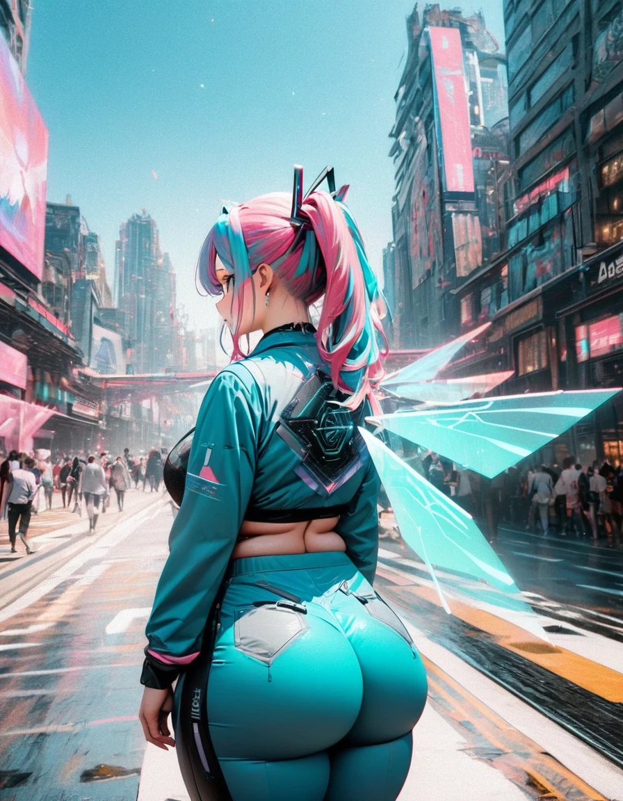 (masterpiece, Perfect quality:1.2,), (8K, RAW Photos, Highest quality, masterpiece: 1.2), High-quality RAW color photos, Professional photography,Data Visualization Design Styles ，（Hatsune Miku is singing with her wings spread），(Pink and turquoise hair:1.2) ，(Plump body)，A clear blue sky,Vast views，Side Back，Wear iconic outfits and hairstyles，Extra long double ponytail，Aether Holographic Center, Neon Wings, Founding Angel, Transparent Holographic Being, Beautiful details，Model standing