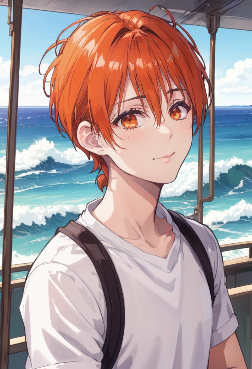 good looking, alone, 1 male, Medium Hair, Low Ponytail, Bright orange hair, Hazel Eyes, White shirt、Beautiful views、Ocean、friendly