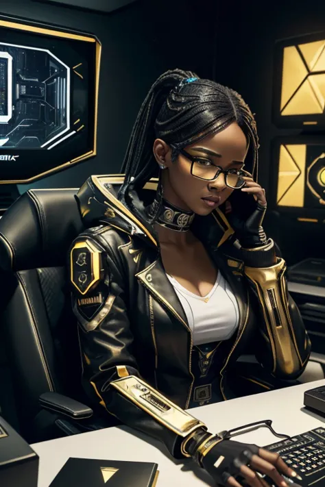 South African woman, Caucasian South African Woman, white skin, cyberpunk, secretary, cyberpunk background, sitting at cyberpunk...