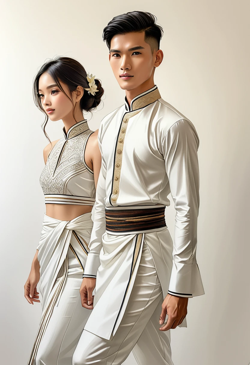 candid fashion illustration of two young man and women, 18 year old, adorned in a meticulously crafted North Thai traditional outfit, ((showcase fashion in a Northern Thai style, cotton handwoven in white color)), simple elegant and luxury style, The man wears a simple long-sleeved white mandarin collar shirt, paired with white Tailor pants, and shoes, The woman complements him with white tubular skirt or Sarong with simple patterns, ankle-length, fitted intricately decorated blouse that complements the skirt. Captured in a low angle, ((full-body image)), stands gracefully against the white backdrop. Their attire simple with intricate embroidery and white accents, each element carefully chosen to reflect the rich Lanna cultural heritage, ((white studio background)), realistic color pencil lines, perfect drawing, charcoal lines, fading sketch, quick Sketch, soft light, fashion illustration, fashion sketching