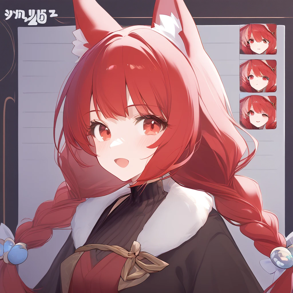  1 Girl, Red hair, Animal ears, Wear a long-sleeved jacket, creative design, whole body, Reference table, Role List,、Red Hair、Red eyes、Long hair、Double braids、Girl、Lovely、Energetic、Combo chart、whole body立绘，from head to foot，Facial Expression Differences，different dynamics，Different expressions，Combo chart