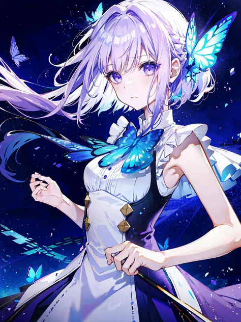 1 girl，  Purple Eyes，White hair， 直筒dress， dress， Blue butterflies fly， return， Light Particles， Please shut your mouth， in the r...