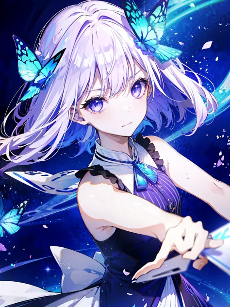 1 girl，  Purple Eyes，White hair， 直筒dress， dress， Blue butterflies fly， return， Light Particles， Please shut your mouth， in the r...